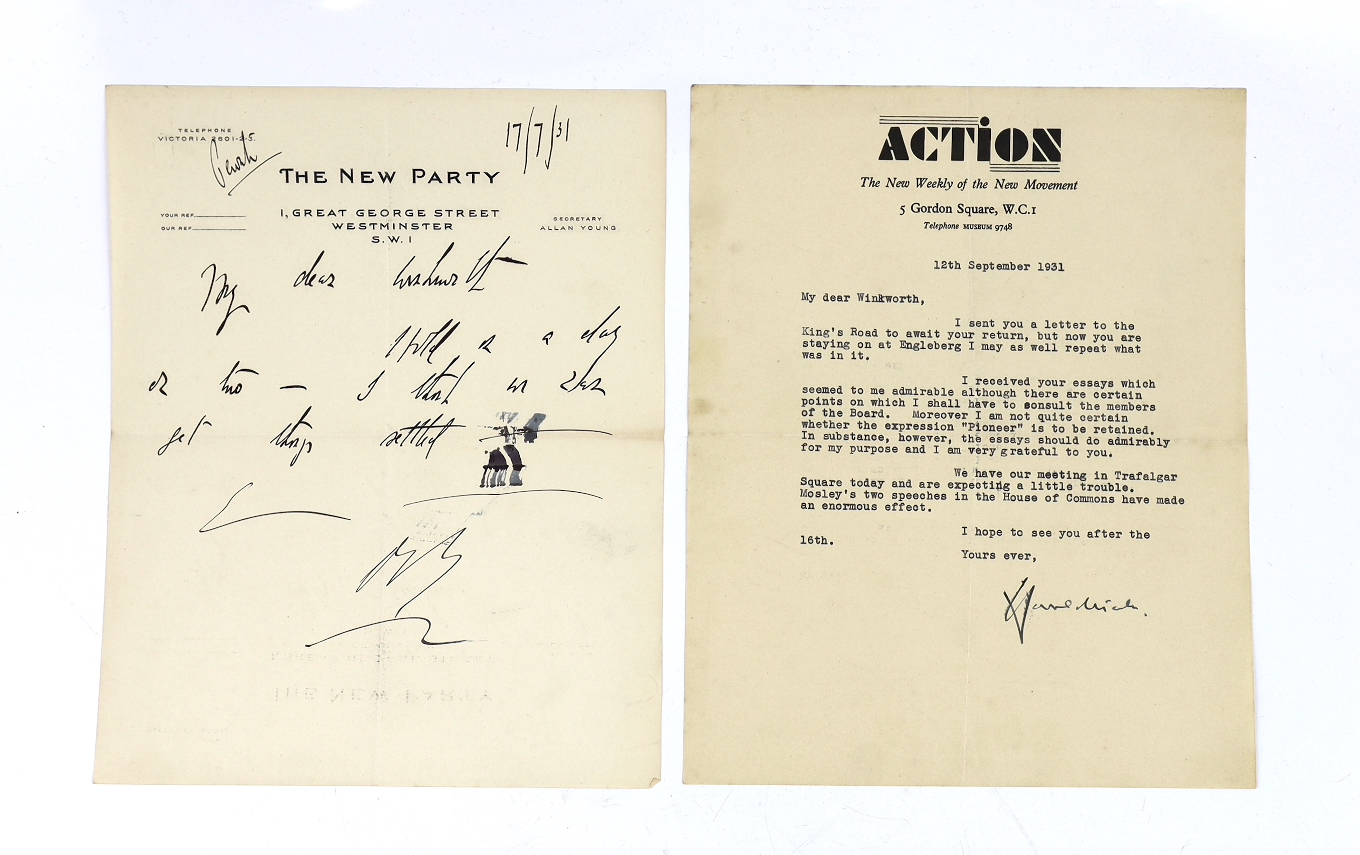 Oswald Mosley, Harold Nicolson, Cyril Joad and The New Party, 1931; six letters to Peter Winckworth, July – September 1931